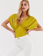 Asos Design V Neck Top With Gathered Sleeve Detail-green