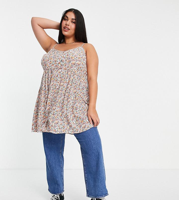 Yours Peplum Cami Top In Pink Floral-white