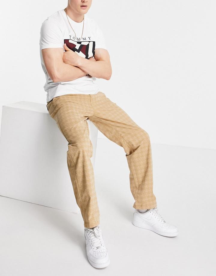 Tommy Jeans Skater Straight Fit Tonal Houndstooth Print Pants In Khaki Beige-neutral