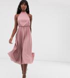 Asos Design Tall Halter Pleated Waisted Midi Dress - Pink