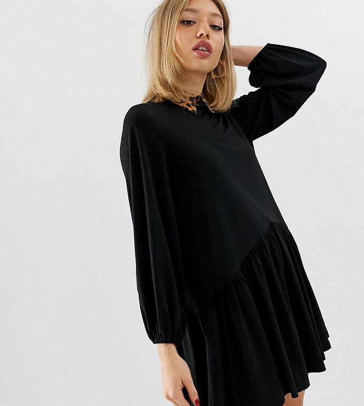 Asos Design Petite Mini Smock Dress With Leopard Collar - Black