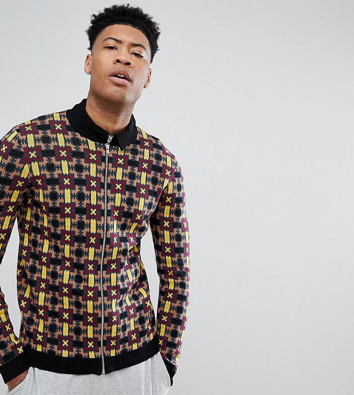 Asos Design Tall Knitted Bomber Jacket With Geometric Design - Multi