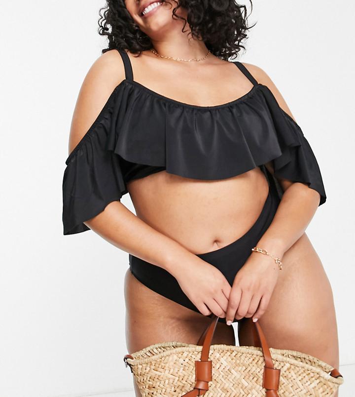 Peek & Beau Curve Exclusive Off-shoulder Ruffle Bikini Top In Black