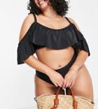 Peek & Beau Curve Exclusive Off-shoulder Ruffle Bikini Top In Black