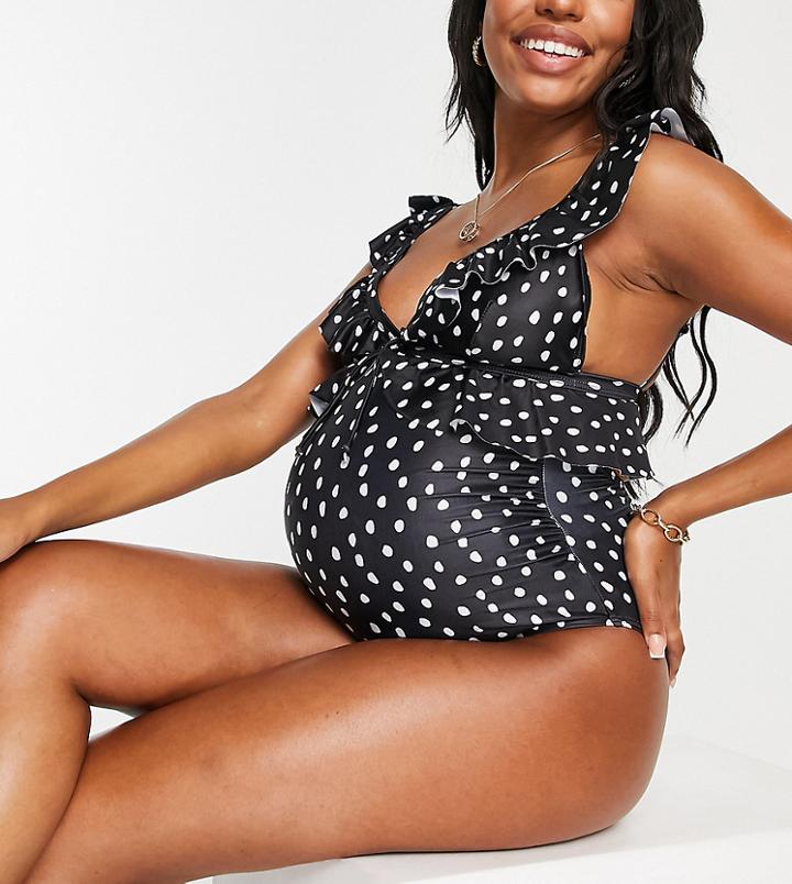 Peek & Beau Maternity Exclusive Frill Detail Swimsuit In Polka Dot-multi