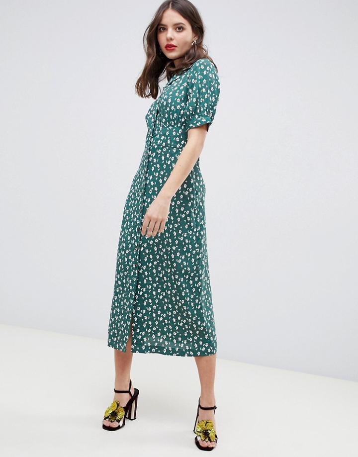 Asos Design Button Through Maxi Tea Dress In Ditsy Floral-multi