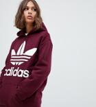Adidas Originals Oversized Trefoil Logo Hoody In Burgundy - Red