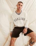 Asos Design Oversized Ribbed Velour Sweatshirt With V Neck Detail With City Embroidery-multi