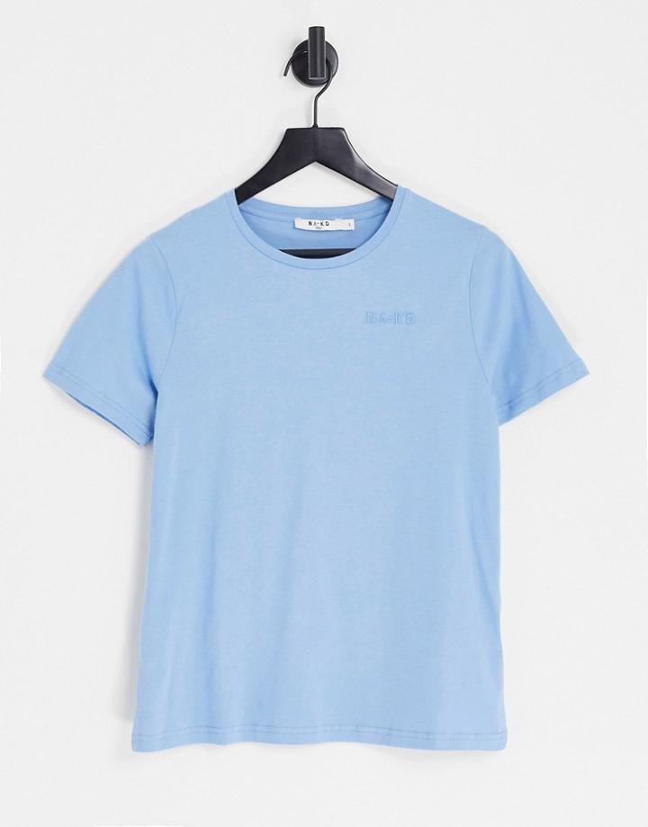 Na-kd Cotton Logo Print T-shirt In Dusty Blue