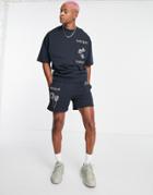 Asos Design Relaxed Shorts With Floral Embroidery In Blue - Part Of A Set-black