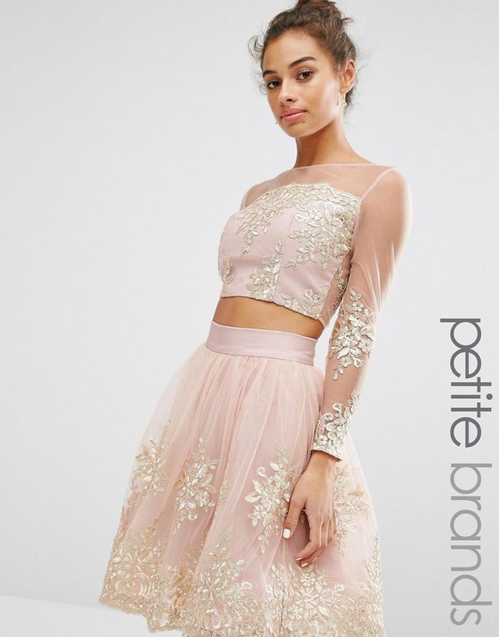 Chi Chi London Petite Allover Premium Embroidered Long Sleeve Crop Top Co-ord - Pink