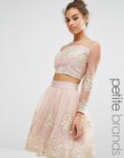 Chi Chi London Petite Allover Premium Embroidered Long Sleeve Crop Top Co-ord - Pink