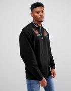 Asos Oversized Half Zip Sweatshirt With Embroidered Collar & Print - Black