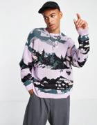 Asos Design Midweight Sweater With Landscape Jacquard In Lilac-blues