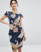 Closet London Cap Sleeve Midi Dress In Bird Print - Multi