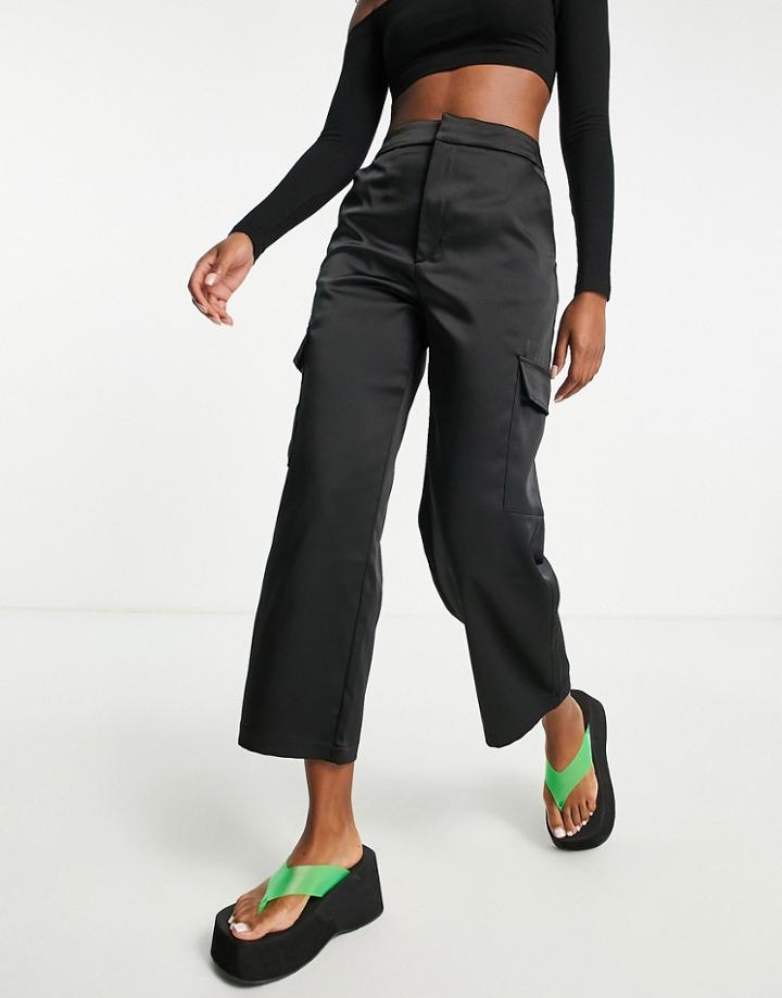 Stradivarius Satin Tailored Cargo Pants In Black