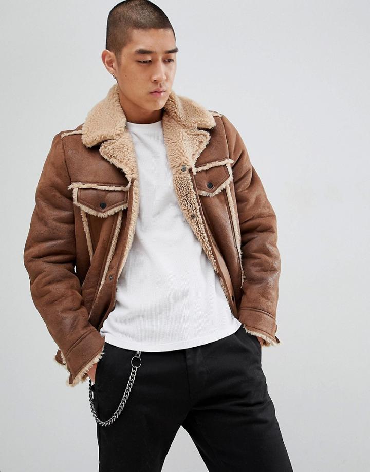 Asos Design Western Faux Shearling Jacket In Brown