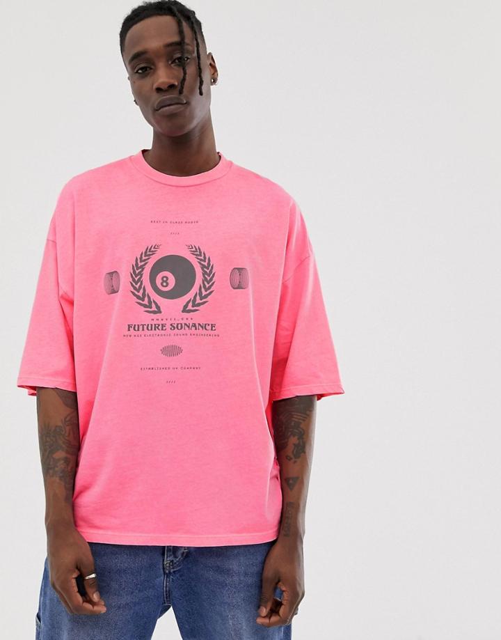 Asos Design Oversized T-shirt In Washed Neon With Reflective Print - Pink