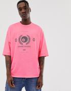 Asos Design Oversized T-shirt In Washed Neon With Reflective Print - Pink