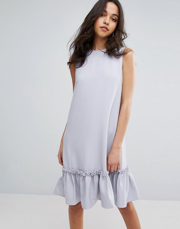 Lost Ink Shift Dress With Ruffle And Faux Pearl Hem - Purple