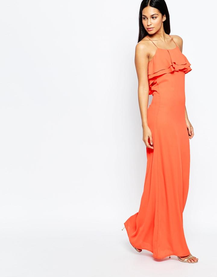 Club L Ruffle Front Maxi Dress - Bright Coral Pink
