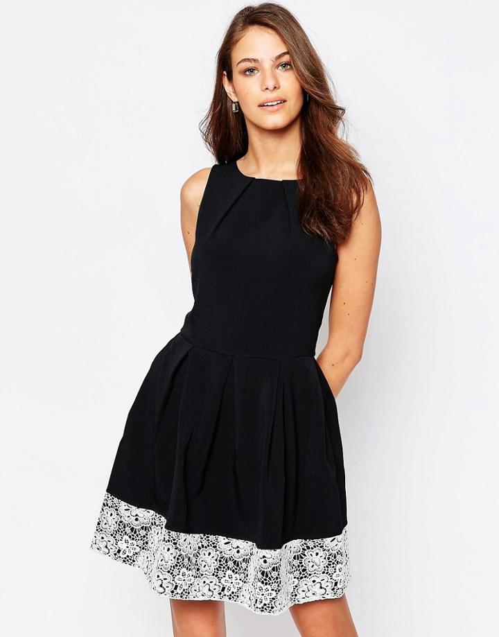 Closet Skater Dress With Lace Hem - Black