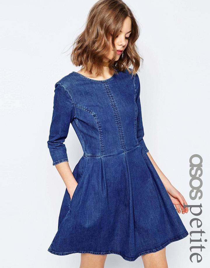 Asos Petite Denim Skater Dress In Mid Blue Wash - Mid Wash Blue