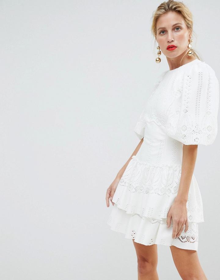 Asos Design Premium Cutwork Double Frill Mini Dress - White