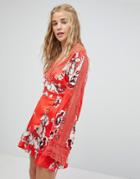 Kiss The Sky Wrap Front Tea Dress In Floral - Red