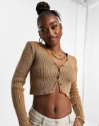 Femme Luxe Button Detail Cropped Cardigan In Camel-brown