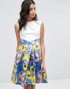 Closet Floral Water Print Skirt Contrast Pleat Dress - Multi
