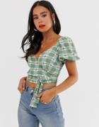 Moon River Check Wrap Front Top - Green