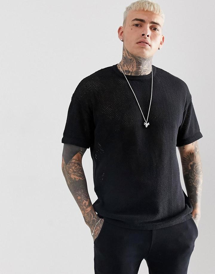 Bershka Mesh Knitted T-shirt In Black - Black