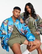 Adidas Originals X Ivy Park Printed Reversible Satin Bomber Jacket In Khaki And Blue-green