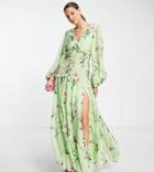 Asos Design Tall Button Through Pintuck Maxi Dress In Green Floral Print-multi