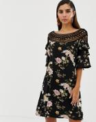 Liquorish Floral Shift Dress With Lace Cutout Detail And Fluted Sleeves - Multi