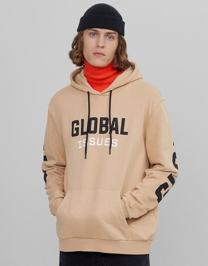 Bershka Global Hoodie With Chest & Back Print In Stone-neutral