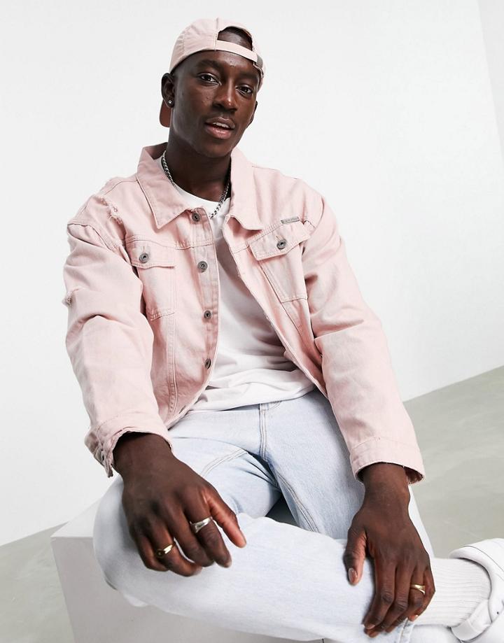 Liquor N Poker 90s Distressed Oversize Denim Jacket In Pink - Part Of A Set