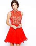 Chi Chi London Lace High Neck Prom Dress With Full Skirt - Blue