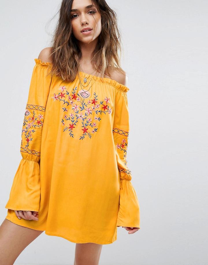 Boohoo Floral Embroidered Bardot Dress - Yellow