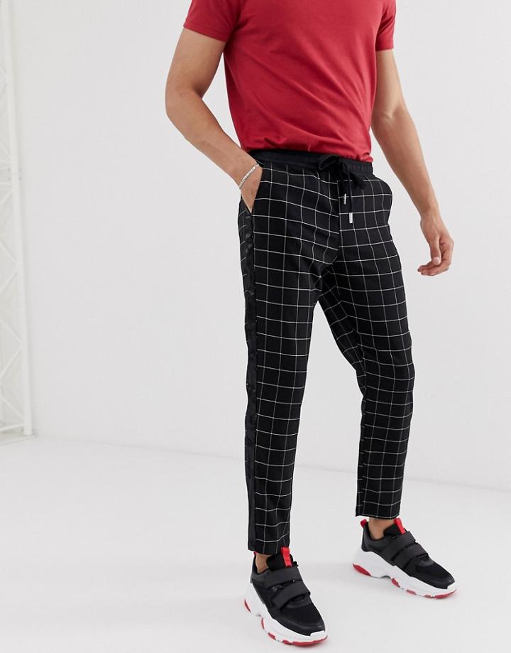 Sixth June Tapered Pants In Black Check With Side Stripe - Black