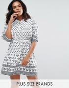 Yumi Plus Belted Dress In Border Print - White