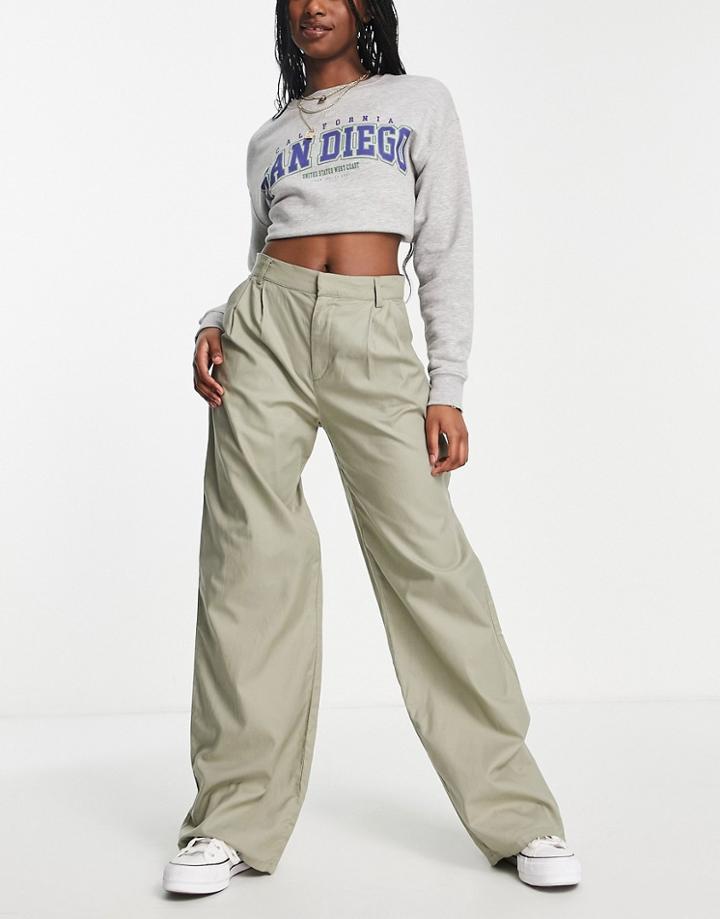 Pull & Bear High Rise Wide Leg Pants In Khaki-green