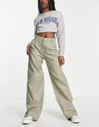 Pull & Bear High Rise Wide Leg Pants In Khaki-green