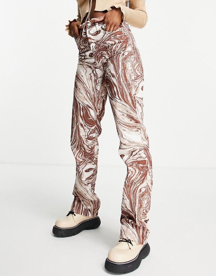 Topshop Kort Cotton Jeans In Brown Marble Print-multi