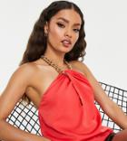 River Island Petite Satin Twist Halterneck Top In Red