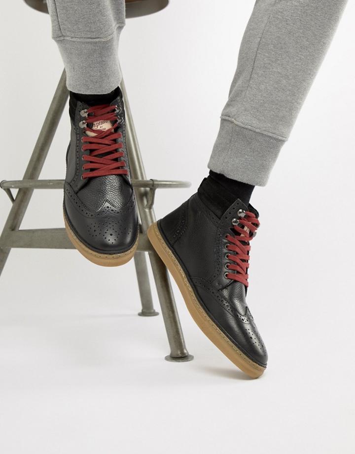 Original Penguin Leather Brogue Boots In Black - Black