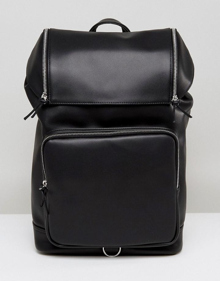 Asos Backpack In Faux Leather With Chunky Zip Details - Black