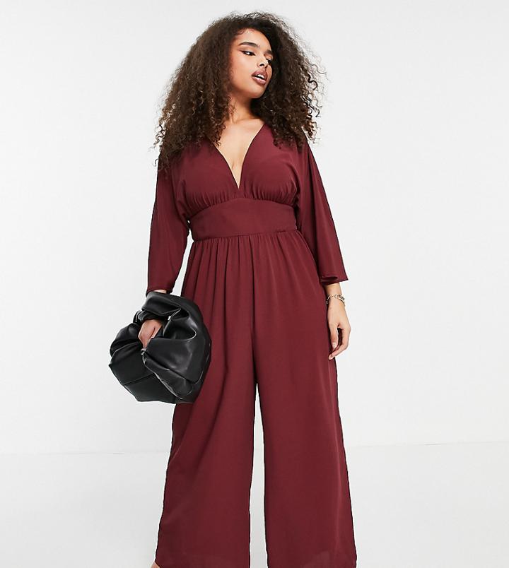 Asos Design Curve Kimono Sleeve Culotte Jumpsuit In Burgundy-red