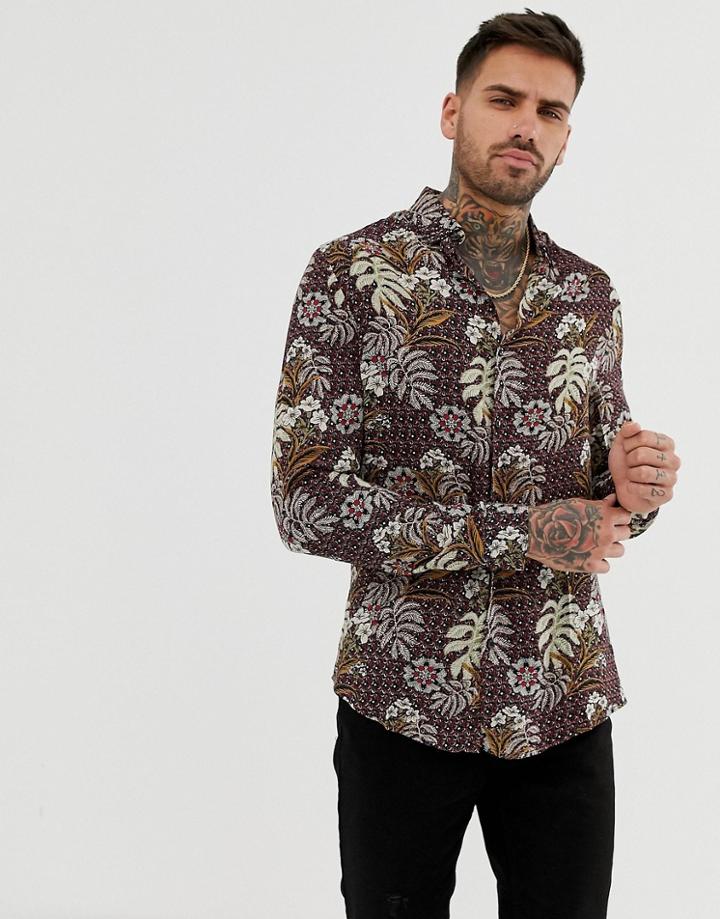 River Island Slim Shirt In Red Floral - Red